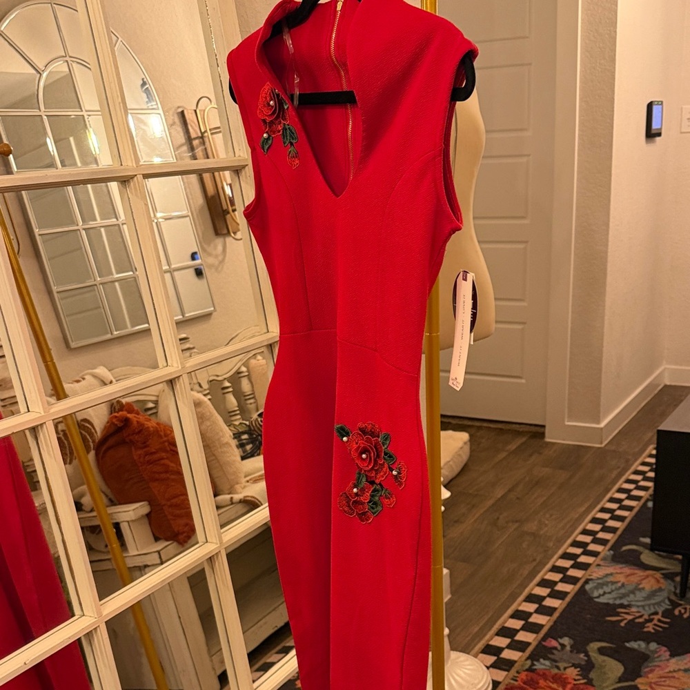 Almost Famous Red Midi Dress with Floral Accents